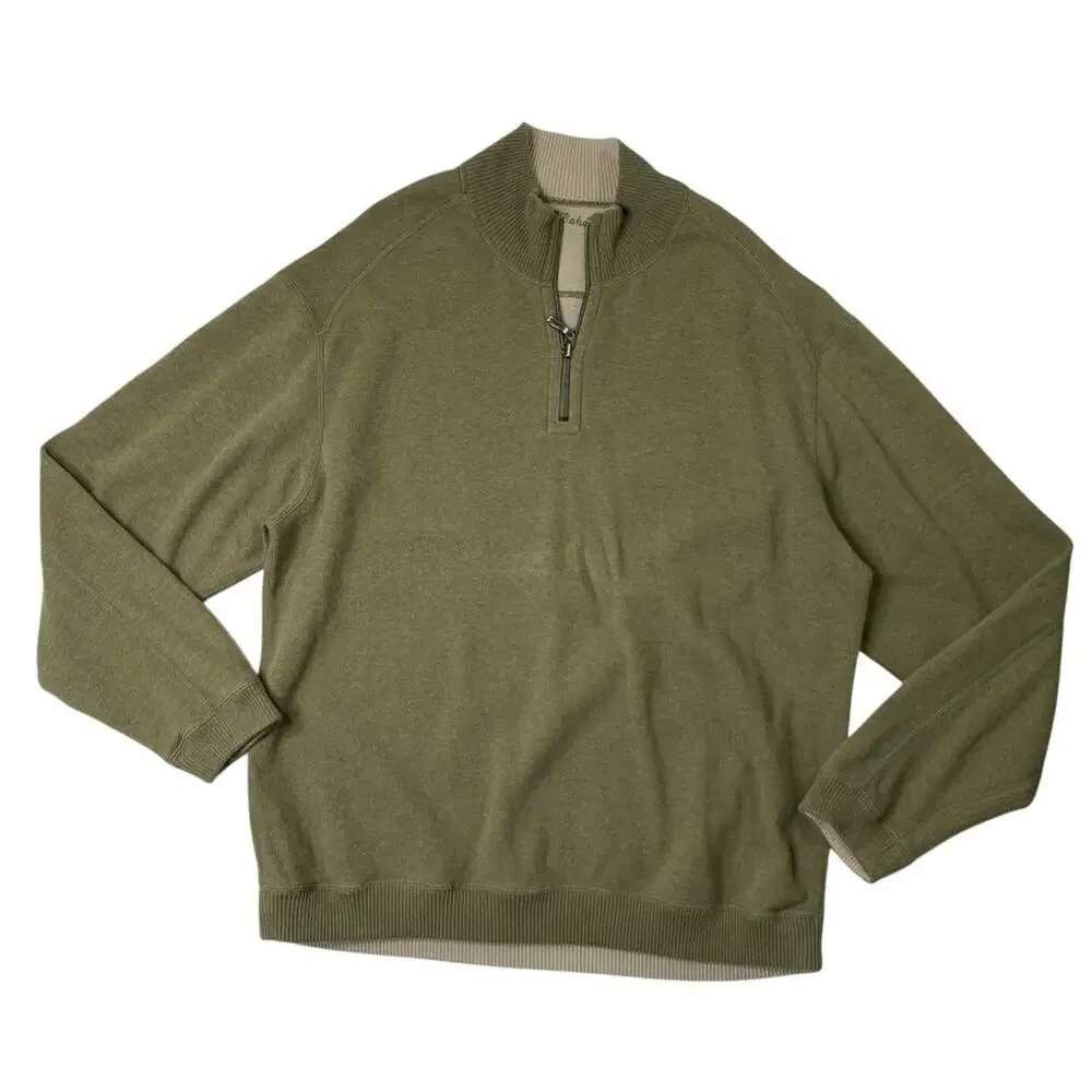 Tommy Bahama Sweater Mens L Large Ivy Tan Flip Side Classic 1/4 Zip Reversible